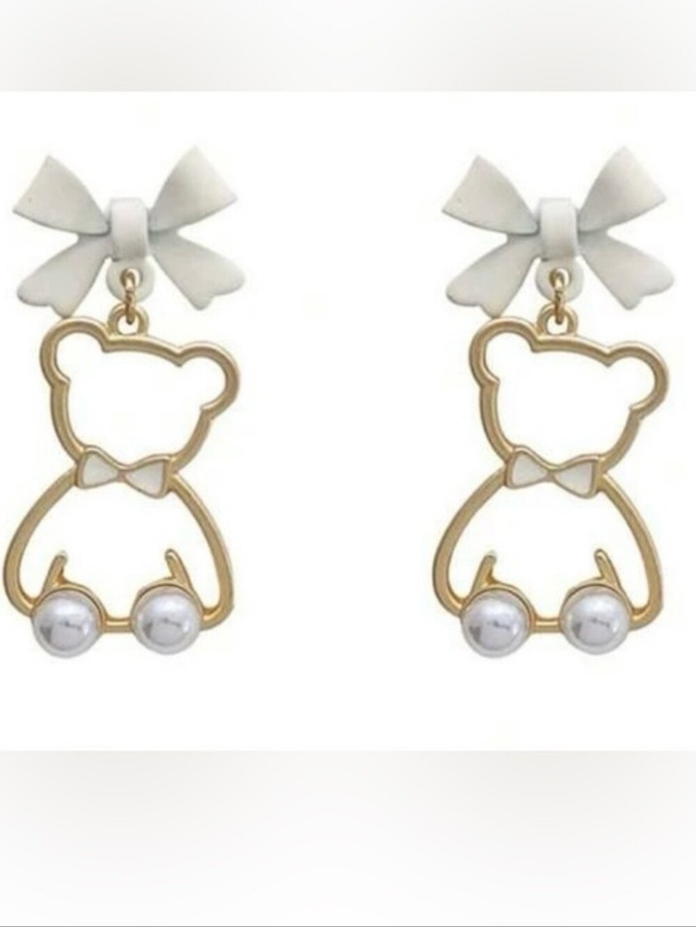 Bow & Teddy Outline Drop Earrings in White and Gold